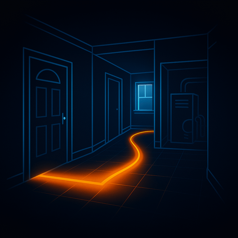 Neon line-art illustration of a home interior with a glowing orange path moving from the front door down a hallway past an HVAC closet toward a sunlit window, symbolizing a 90-second energy walkthrough.