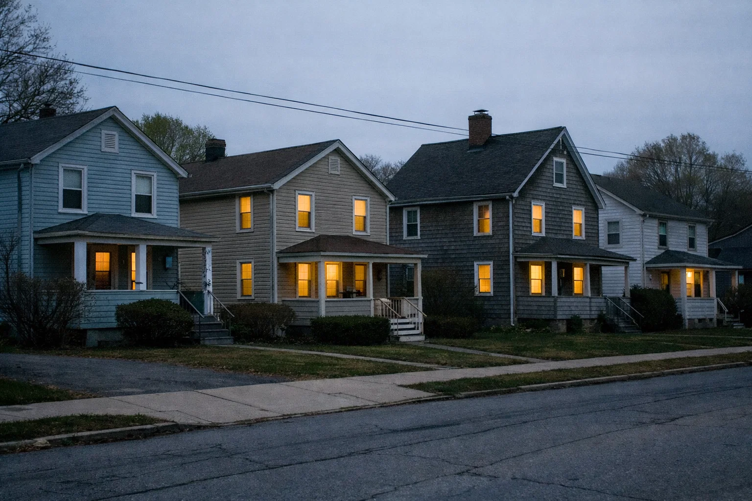 Row of modest Connecticut homes at dusk with warm lights visible through windows, symbolizing safe, affordable housing and community stability.