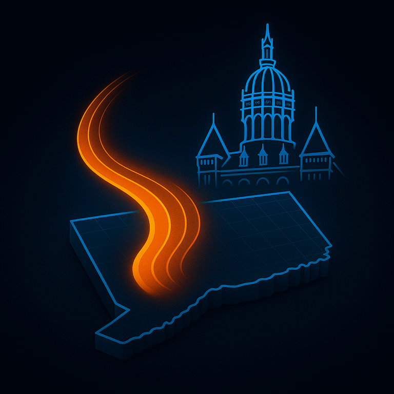 Neon illustration of the Connecticut State Capitol above a glowing CT map with an abstract thermal energy wave symbolizing home retrofitting and energy equity in Connecticut.