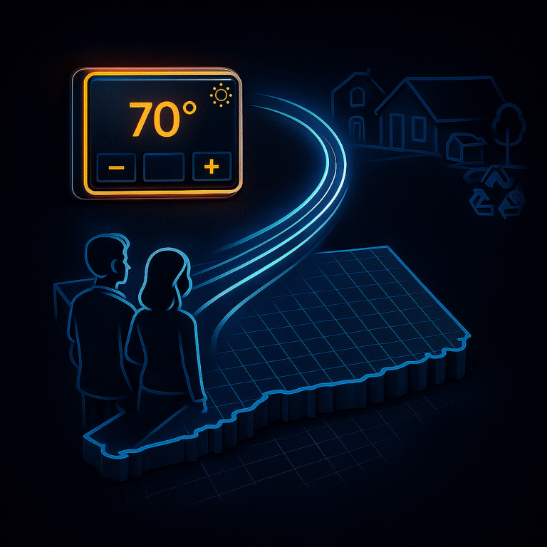 Neon line-art illustration of Connecticut with a glowing smart thermostat and abstract energy-flow elements, representing small home upgrades supported by EnergizeCT incentives.