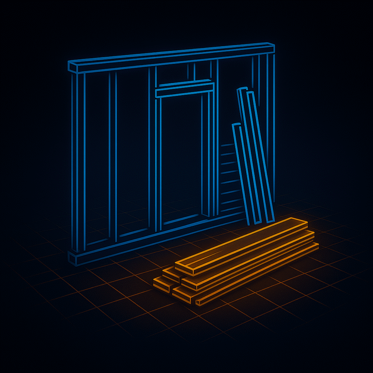 Neon line-art illustration of a partially deconstructed wall section with exposed studs, a removed doorframe, and neatly stacked reclaimed boards on a glowing 3D grid, representing construction waste reduction and material reuse.