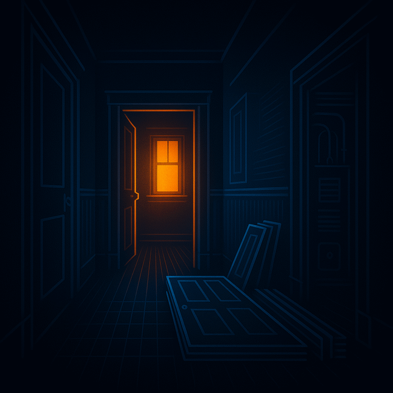 Neon line-art illustration of a dim hallway in an older Connecticut home with a warm orange glow coming from one room and faint outlines of mechanical systems, symbolizing buyer uncertainty about heat pumps, solar, and energy bills.