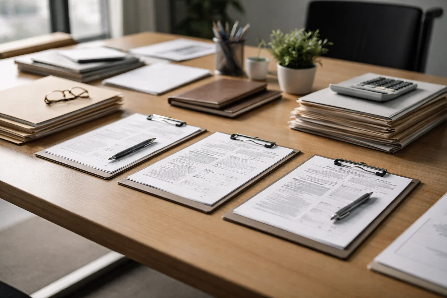 Clipboards with printed property documents arranged neatly on a table for evaluation and recordkeeping.