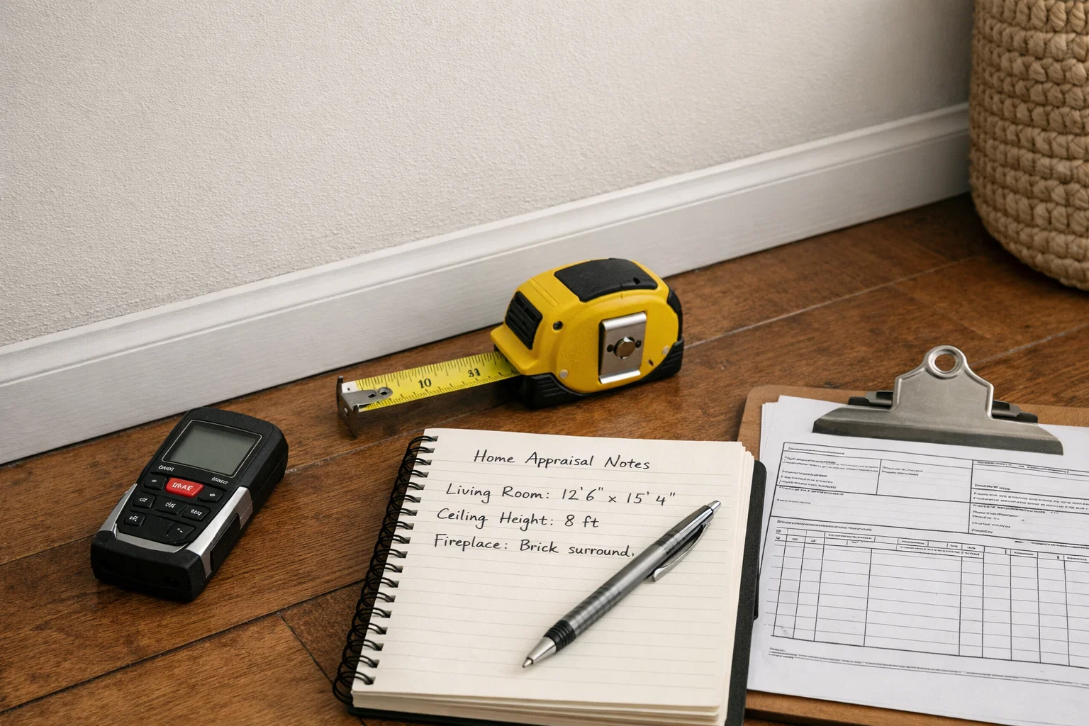 Appraisal measuring tools and notebook placed near a living room wall during a home evaluation.
