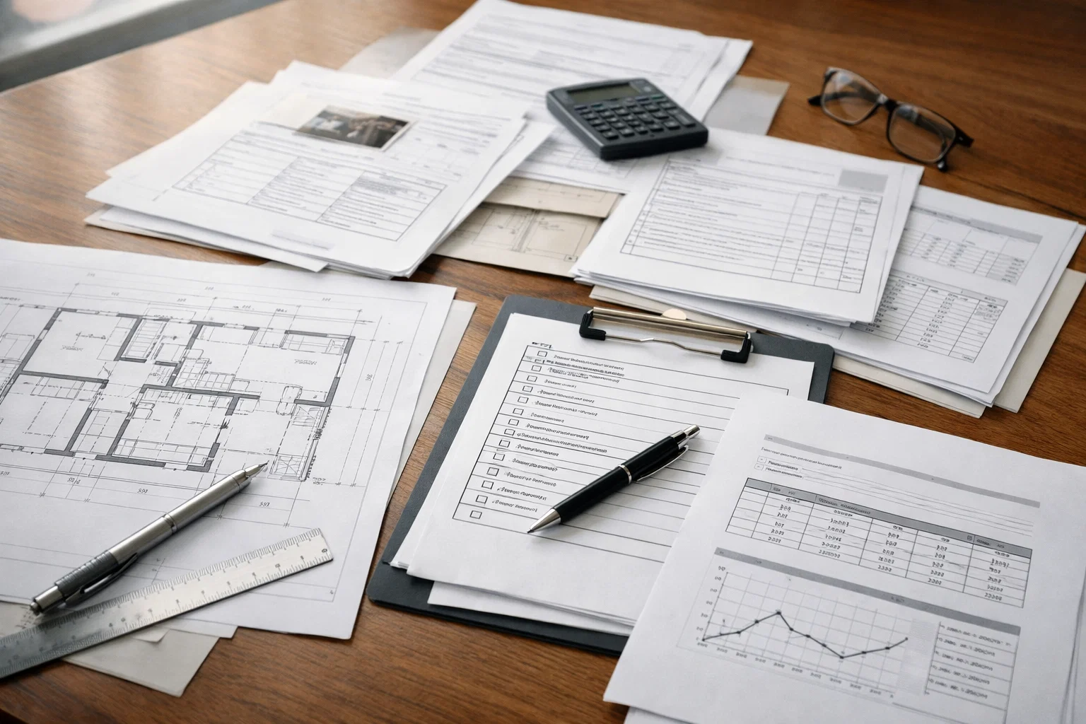 Architectural plans and inspection documents arranged on a table under soft natural light.