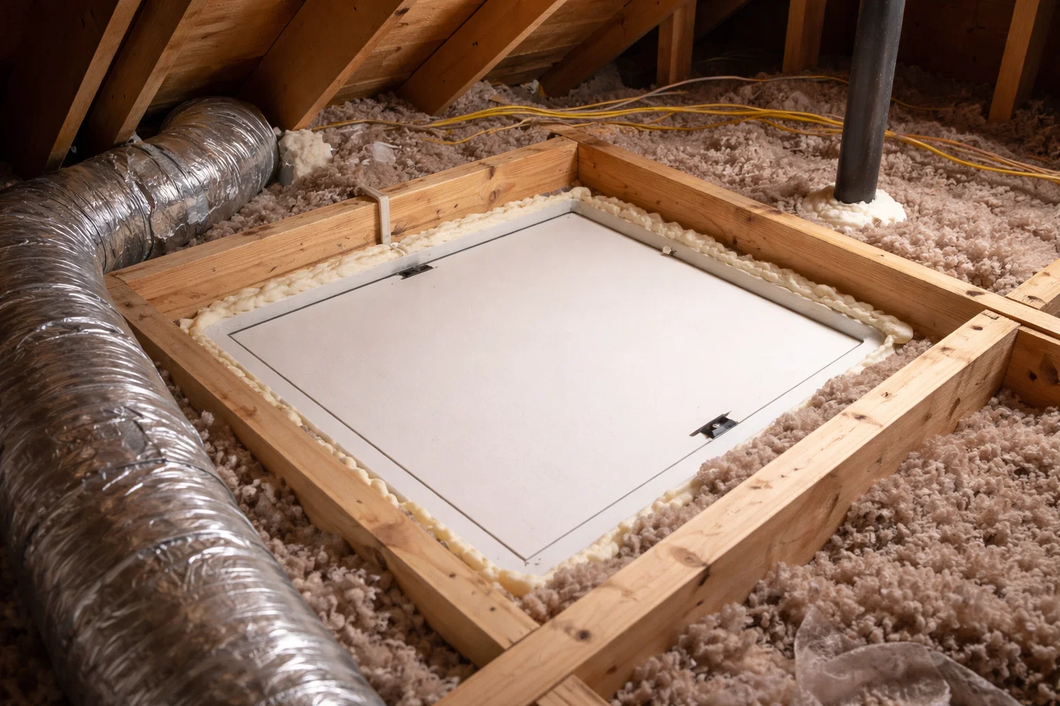 Attic access opening in a home with surrounding framing and sealed gaps visible.