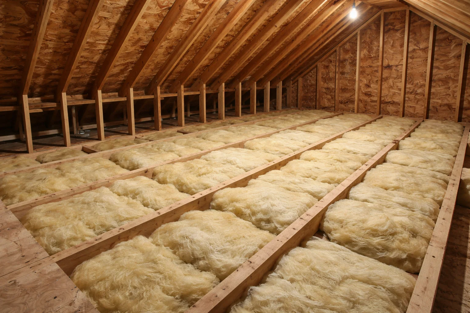 Attic space in a residential home showing insulation installed across the attic floor between joists.