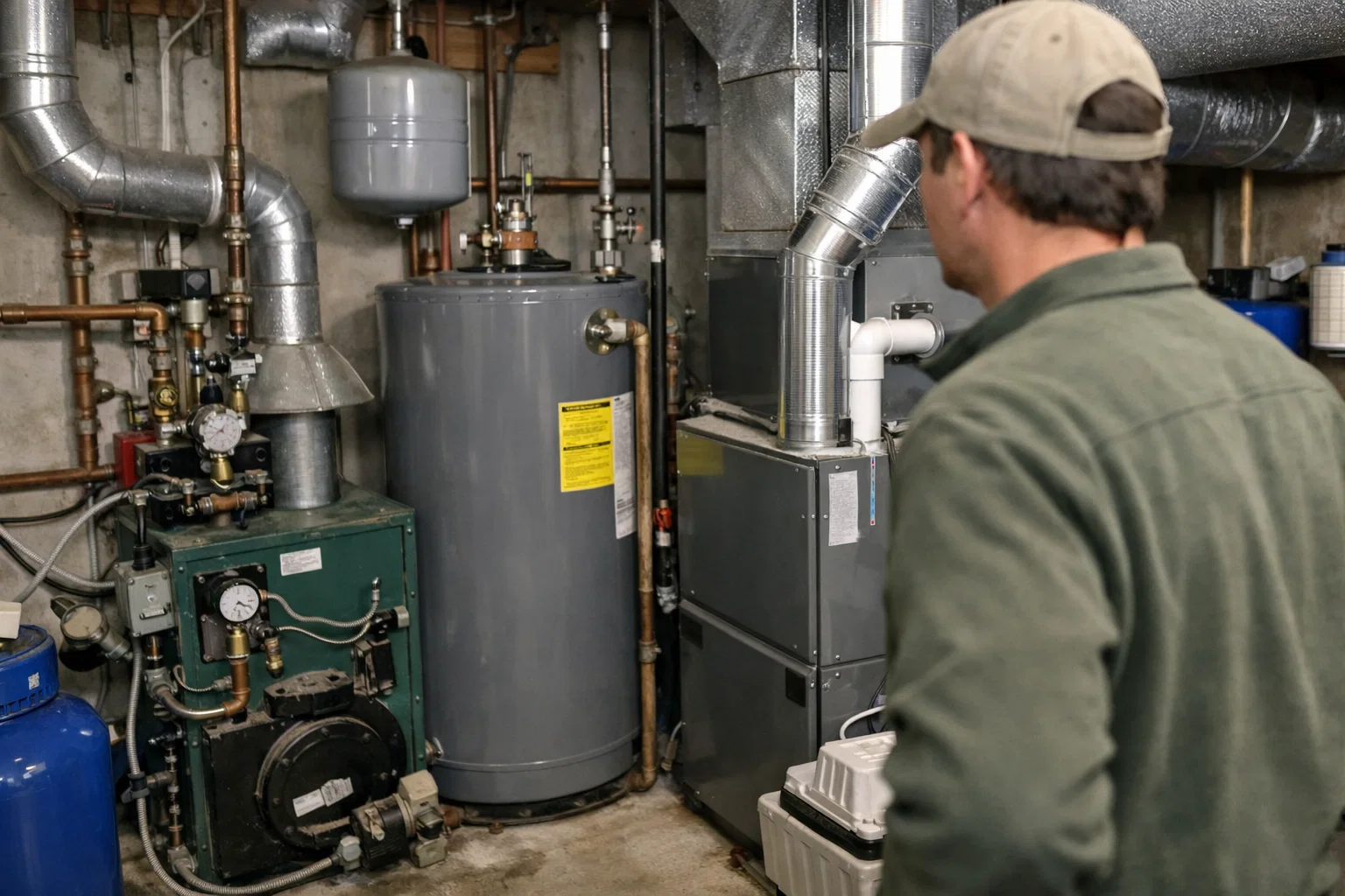 Homeowner reviewing mechanical equipment in a basement utility space during a residential walkthrough.