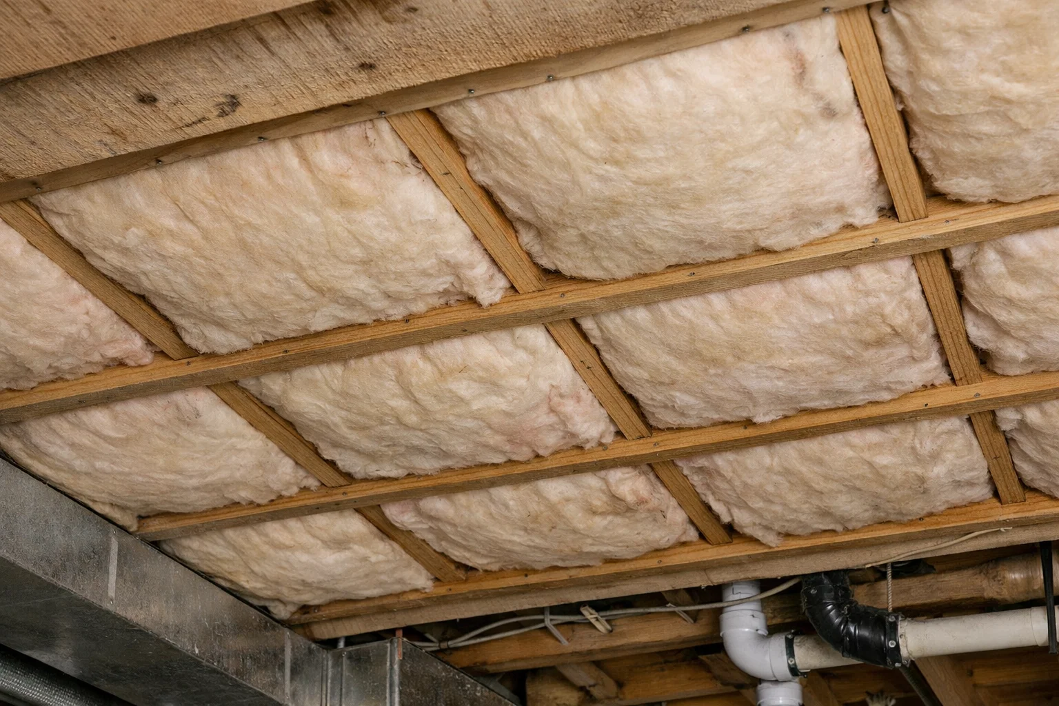 Basement ceiling insulation installed between floor joists in a residential building.
