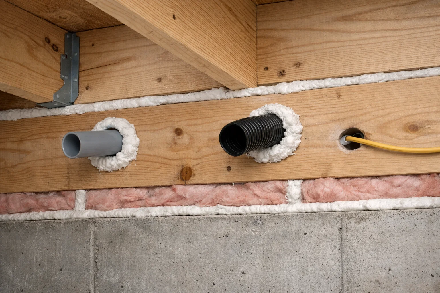 Rim joist area in a residential basement showing insulation and air sealing around framing and penetrations.