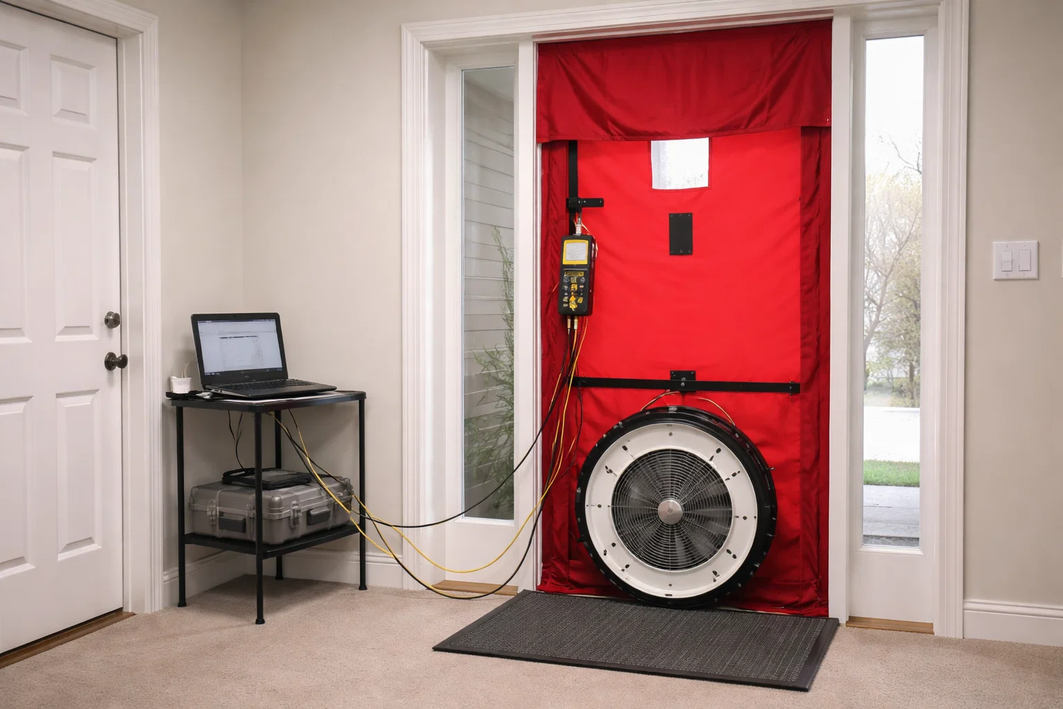 Blower door testing equipment installed in a residential doorway during post-construction inspection.