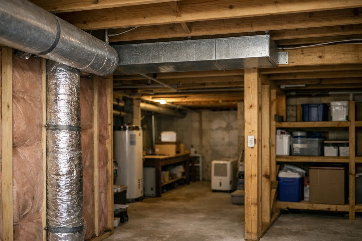 Interior of an older Connecticut home showing insulation and mechanical systems in a basement space.