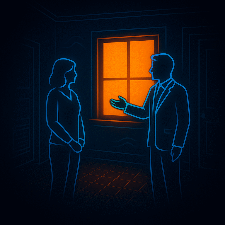 Neon line-art illustration of a real estate agent and client standing in a softly lit room, with an orange glowing window and faint outlines of HVAC components, symbolizing a comfort-focused home energy conversation.