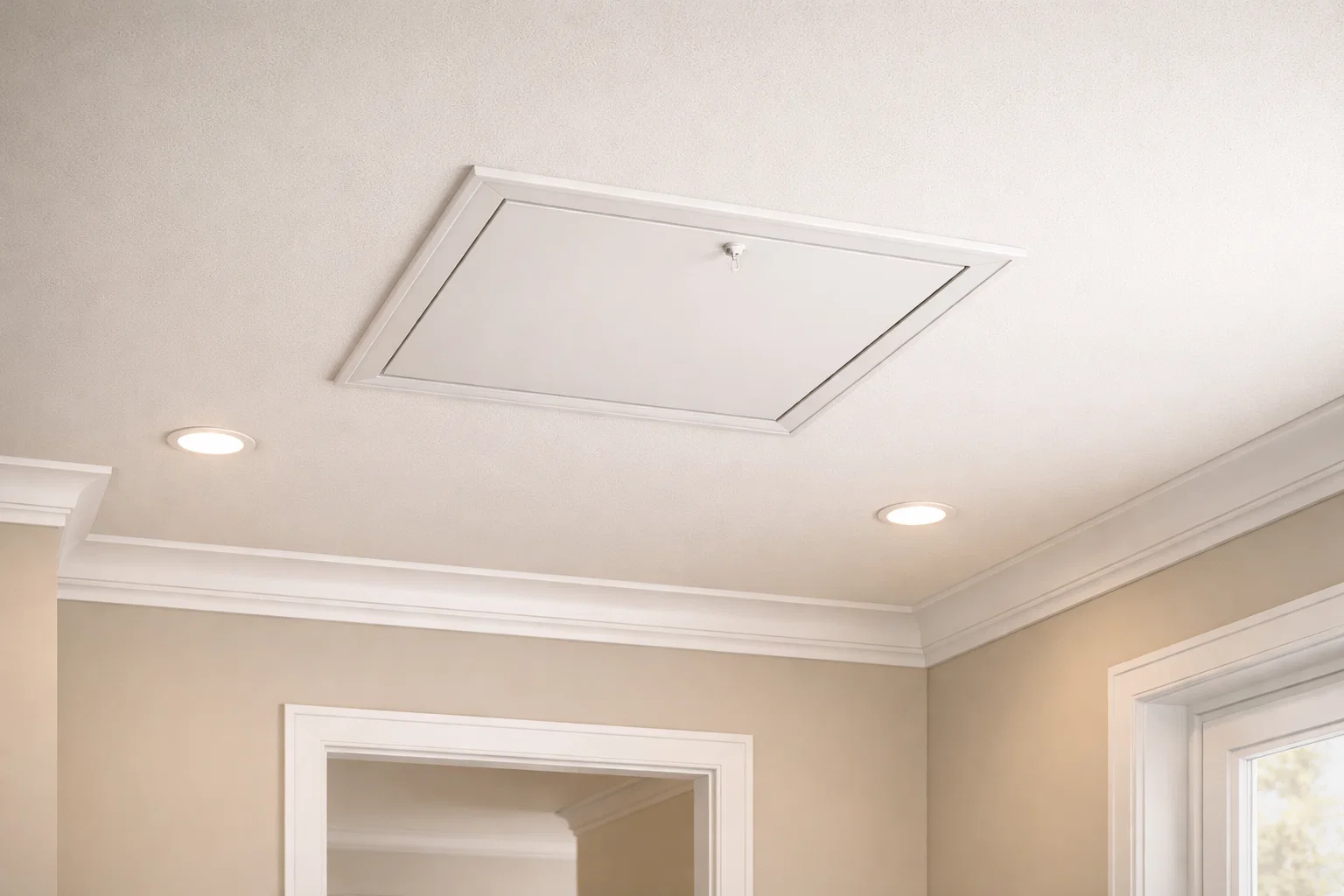Closed attic hatch and finished ceiling in a residential home, concealing building components.
