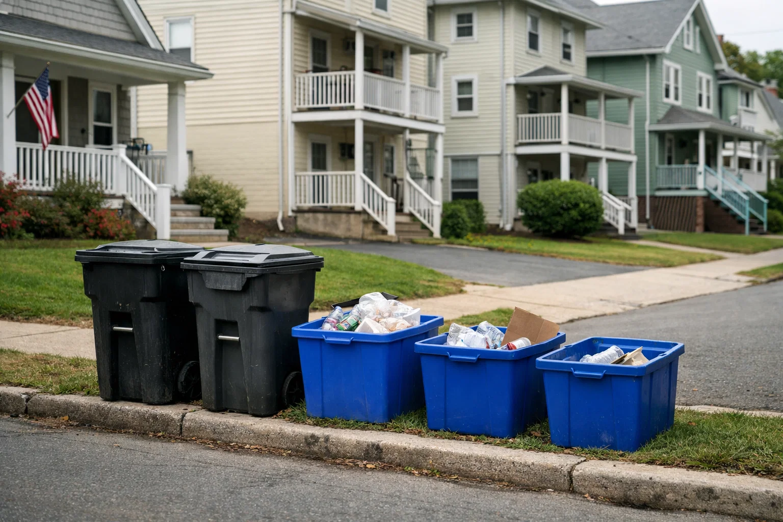 Recycling bins placed outside Connecticut homes, reflecting statewide recycling requirements that apply to residents, businesses, and institutions.