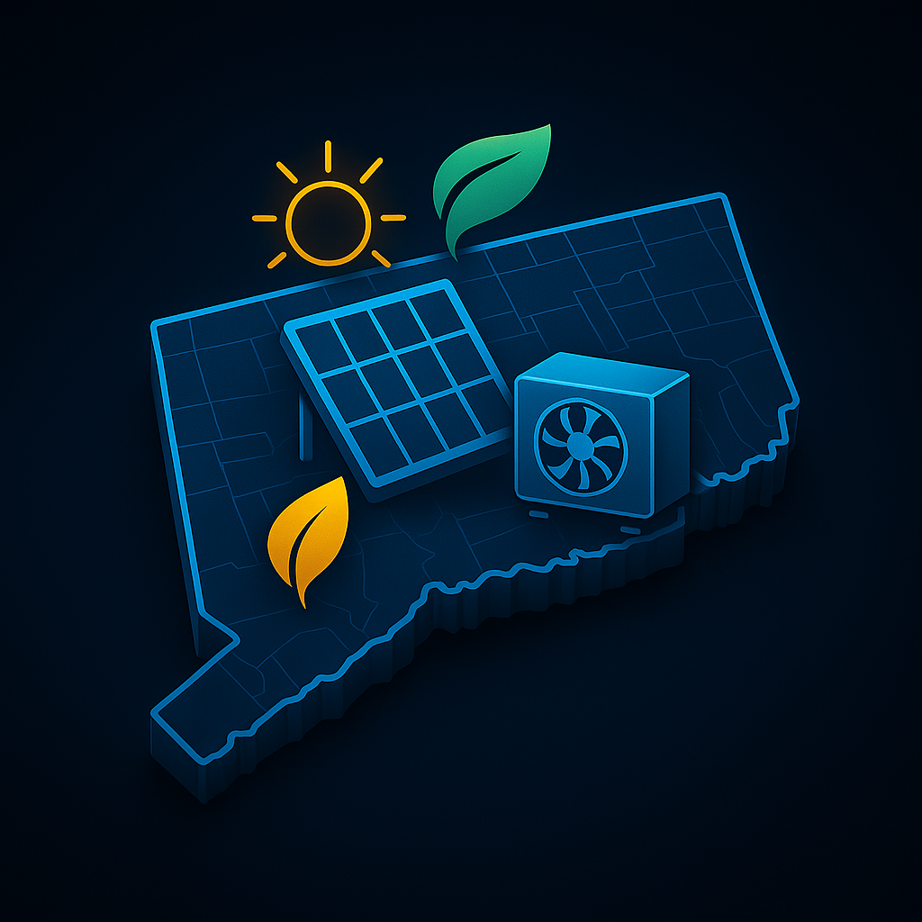 Illustration of Connecticut with solar panels, a heat pump, and leaf icons representing home energy features.