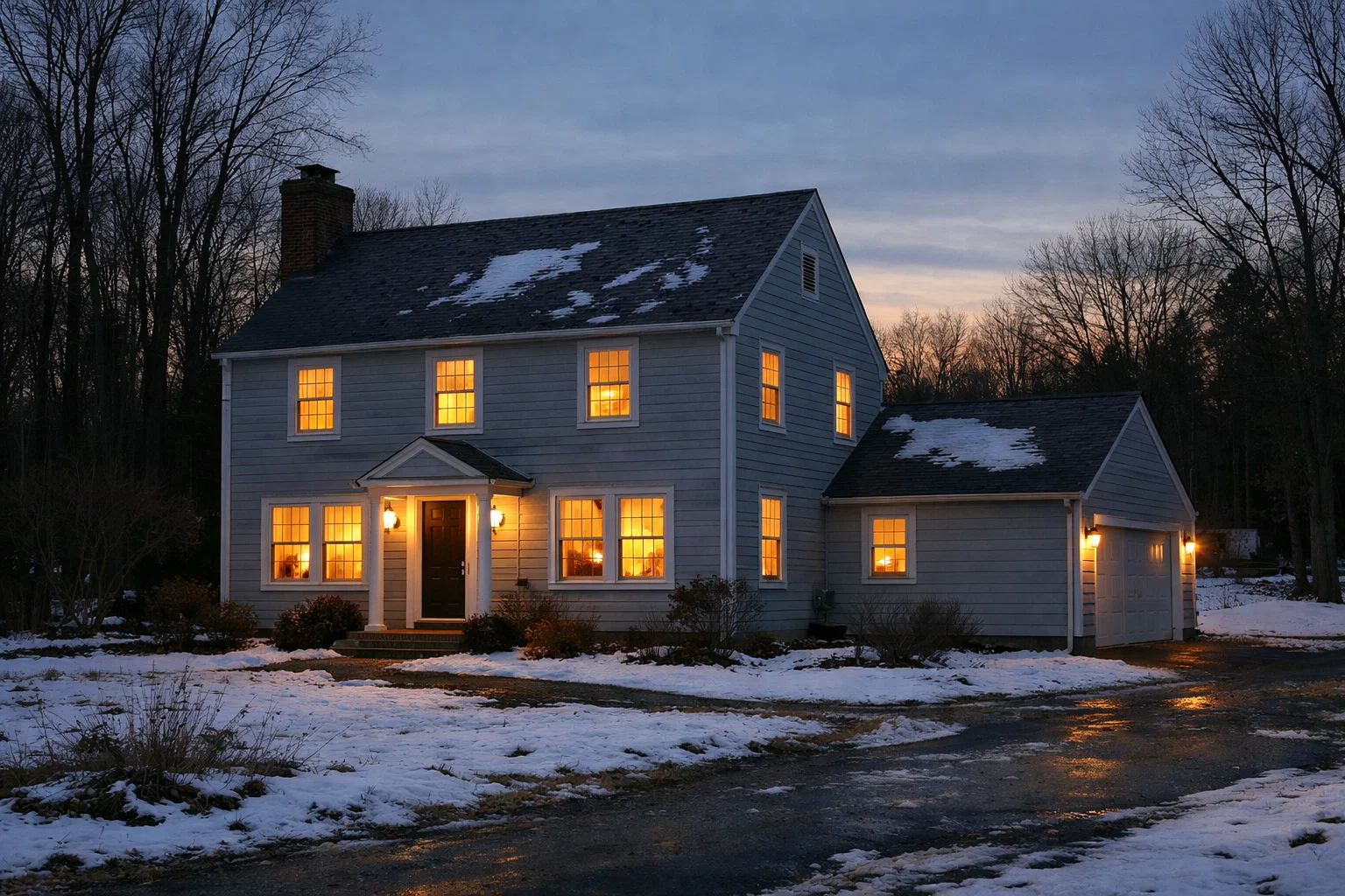 Exterior of a Connecticut home at dusk with interior lights visible through windows.