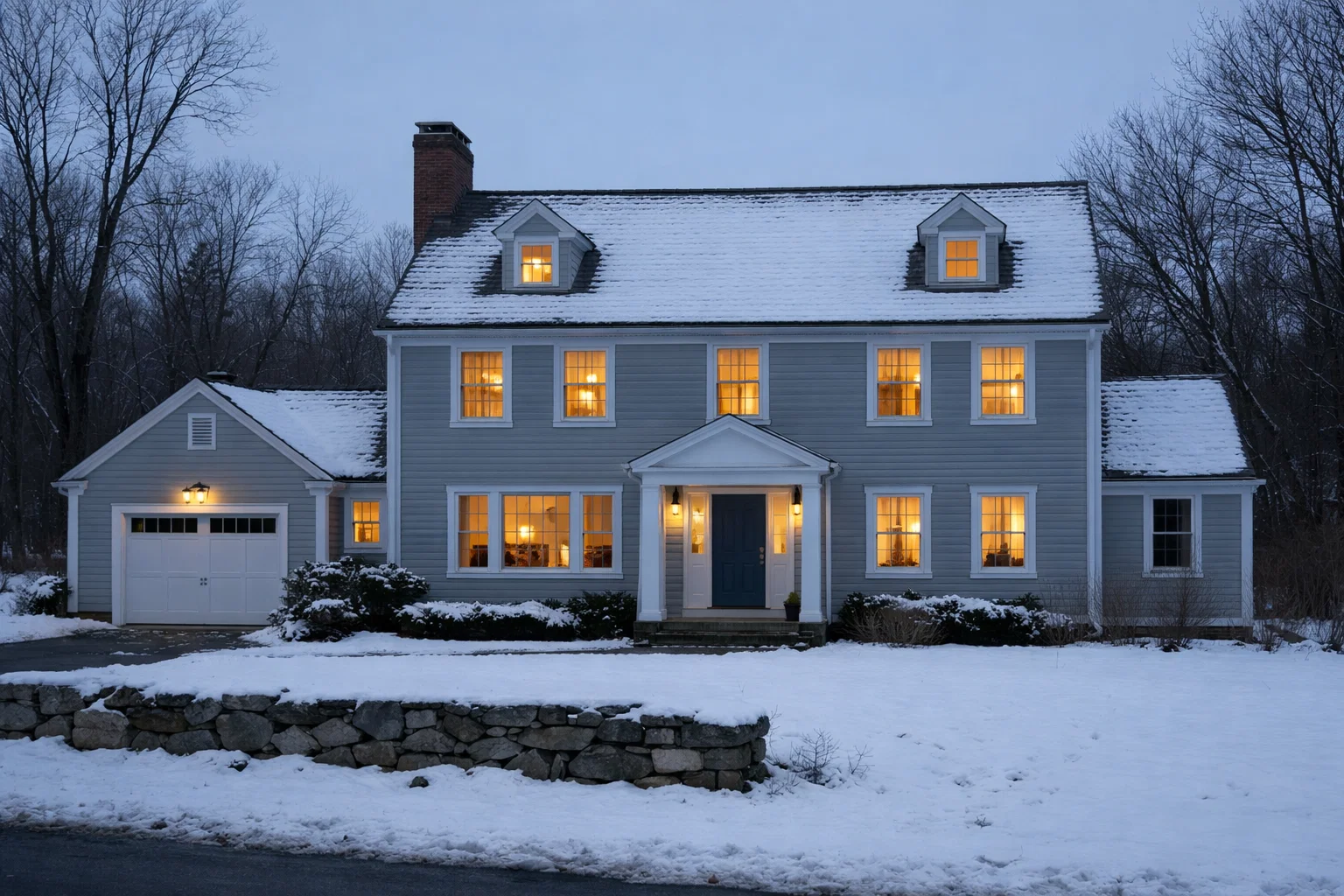 Exterior of a Connecticut home at dusk with interior lights visible through windows.