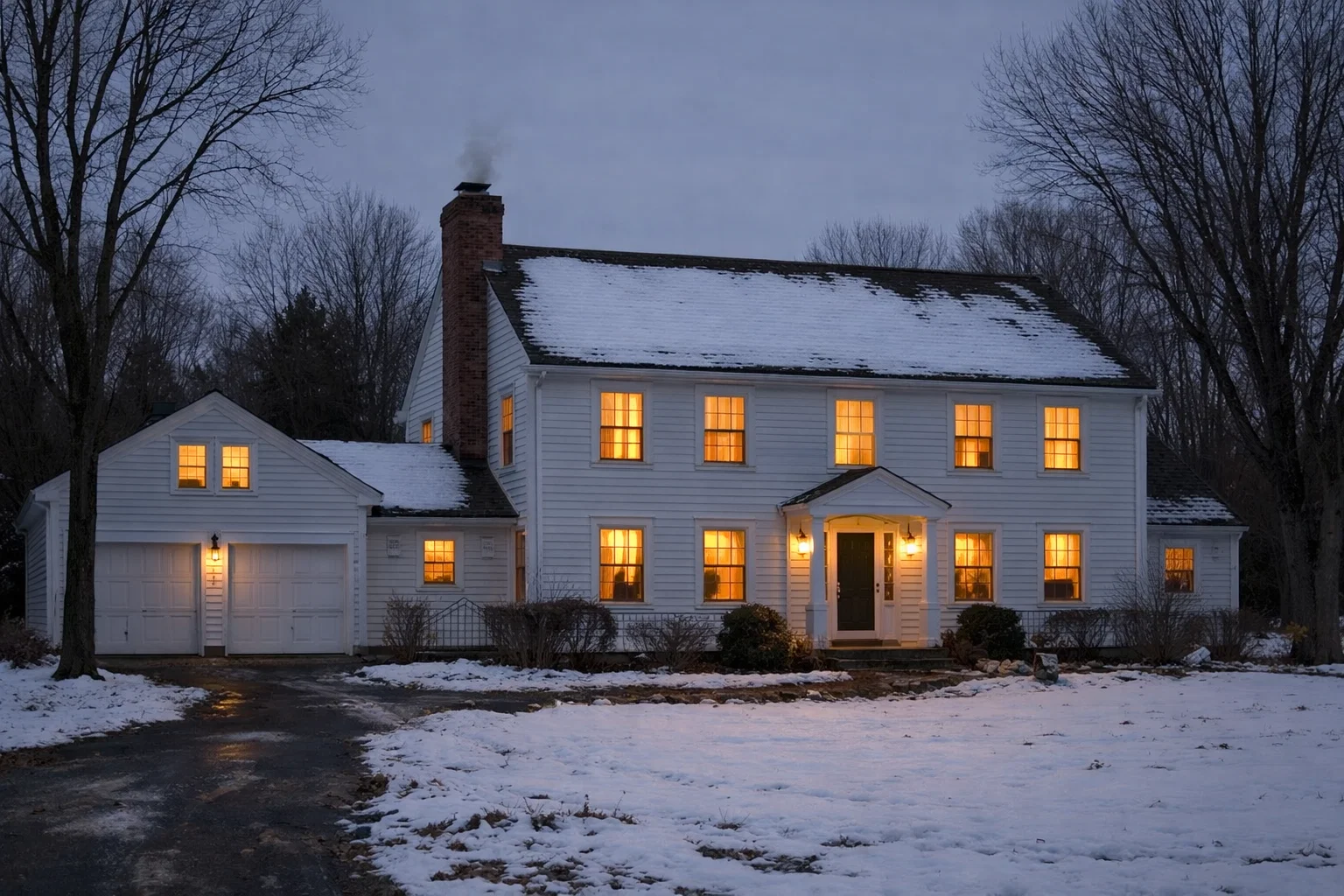 Exterior of a Connecticut home at dusk with interior lights visible through windows in a winter setting.