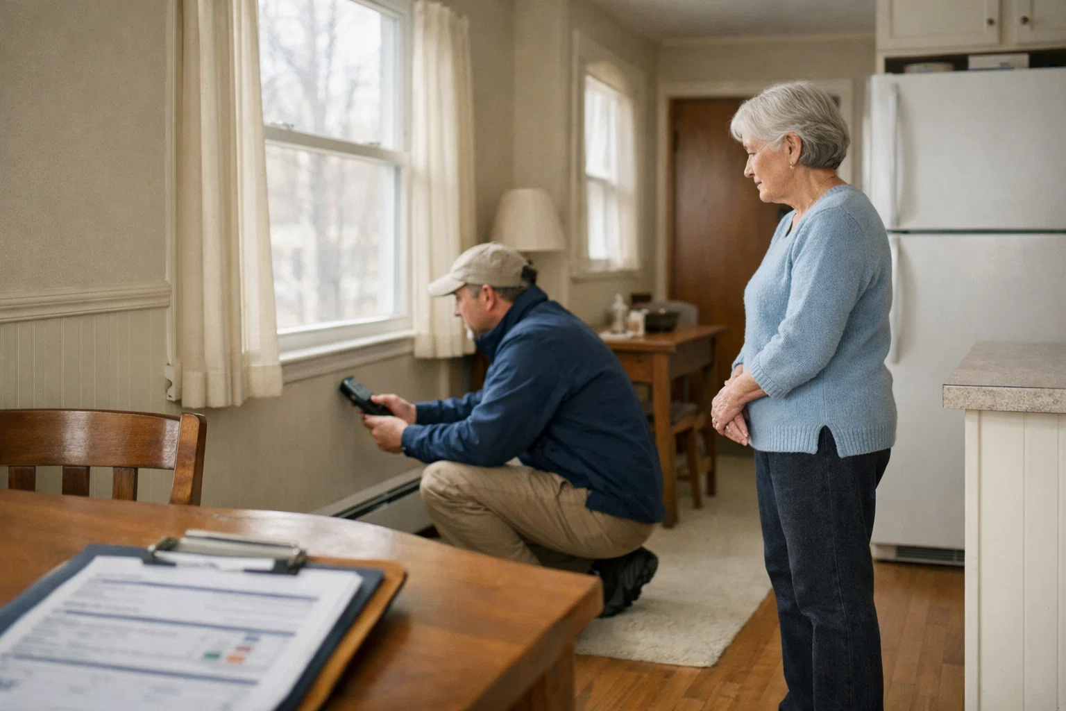 Home energy assessment underway inside an older Connecticut house, with a technician reviewing insulation and air sealing as part of a weatherization evaluation.