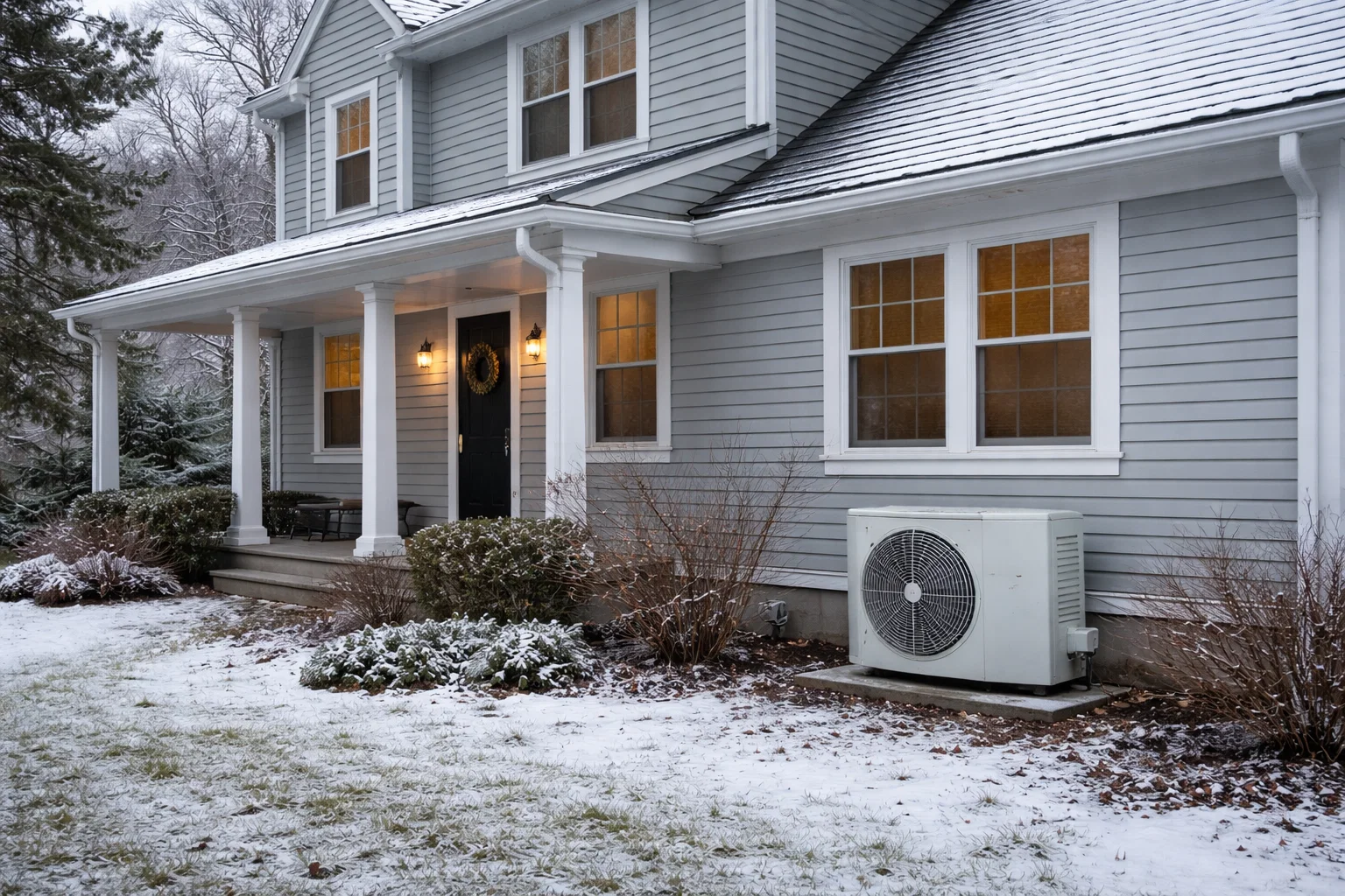 Exterior view of a single-family home with an air-source heat pump in Connecticut.