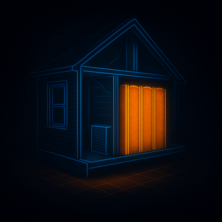Neon line-art illustration of a home wall cutaway showing glowing orange insulation inside the cavity and blue-outlined framing with subtle air sealing details on a 3D grid.