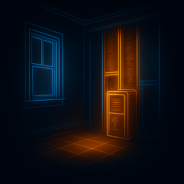 Neon line-art illustration of a home interior corner with hidden insulation and structural elements glowing in orange behind the wall, contrasted with cool blue outlines and a 3D grid floor.