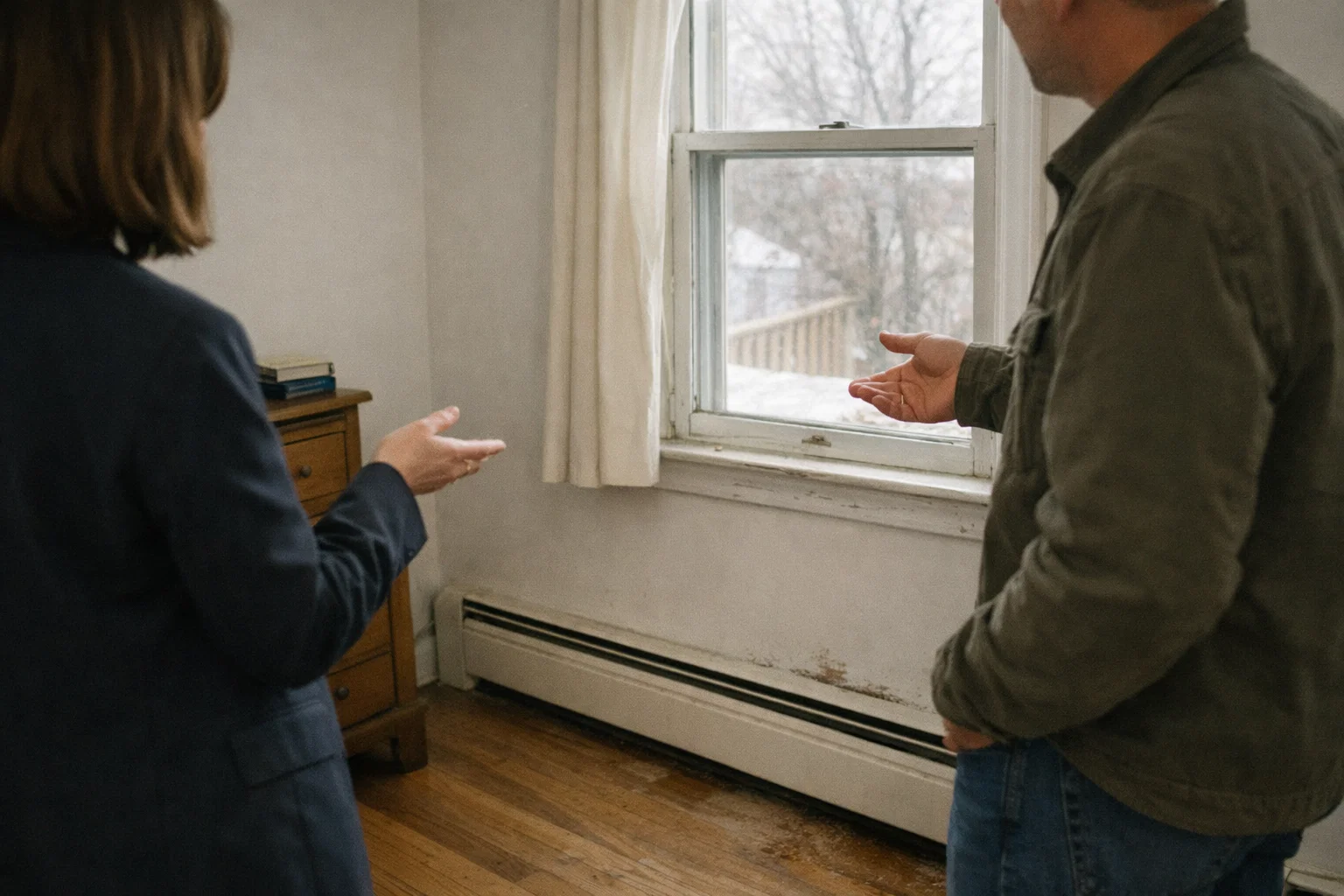 Real estate professional and client reviewing an older home interior during a walkthrough, discussing features related to energy efficiency and long-term affordability.