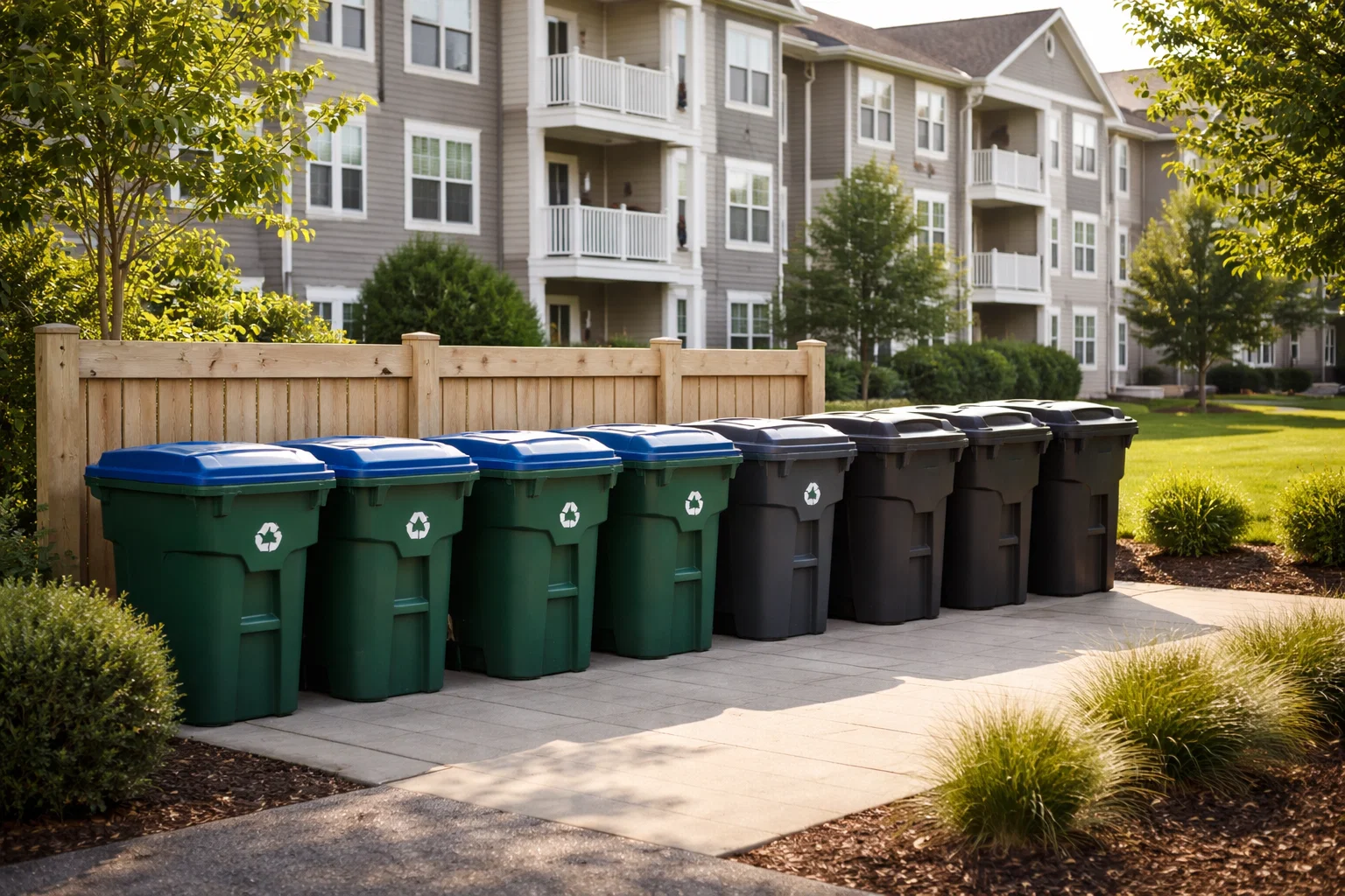Shared recycling and trash containers at a Connecticut apartment or condominium complex, reflecting recycling requirements that apply to multi-family properties.