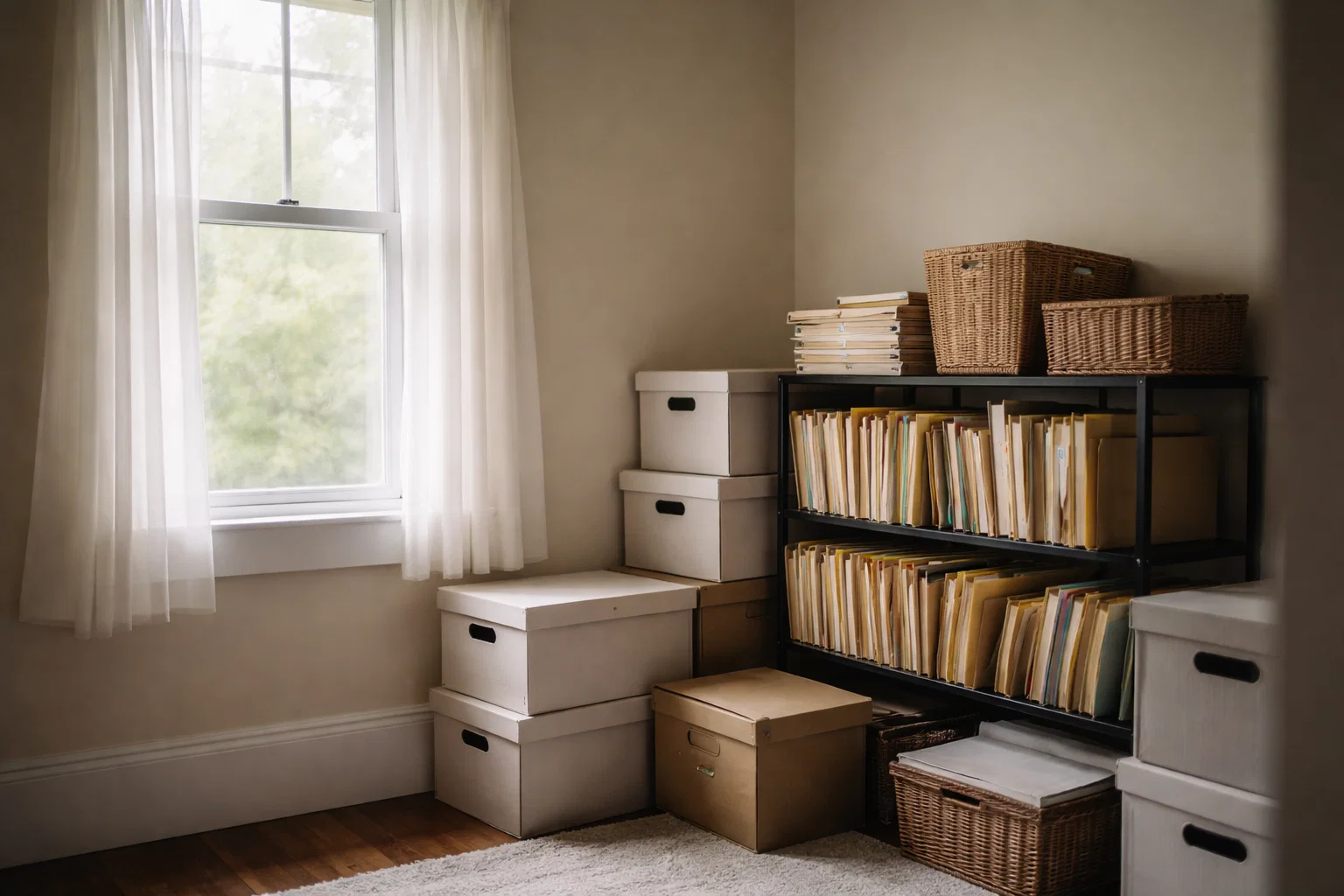 Home office storage area with older folders and paperwork that are organized but rarely accessed.