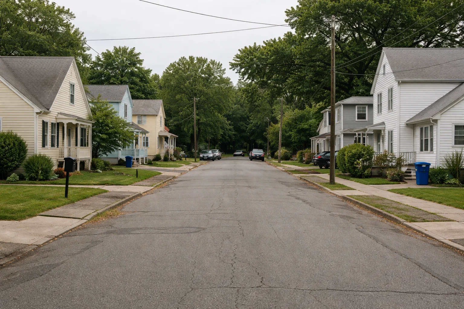 Short residential street with modest homes on an overcast day, reflecting the everyday housing context where buyer decisions and conversations take place.