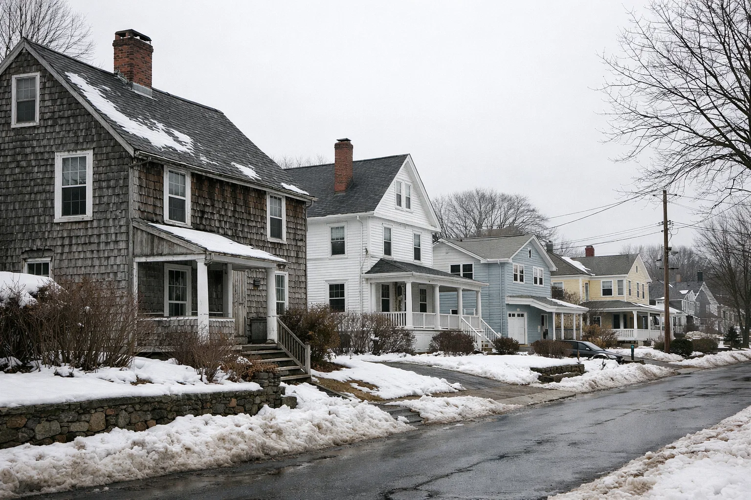Residential street in Connecticut showing multiple homes of different ages during winter conditions.