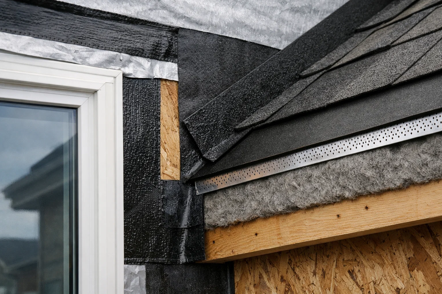 Detailed view of a roof-to-wall transition during residential construction highlighting material interfaces.