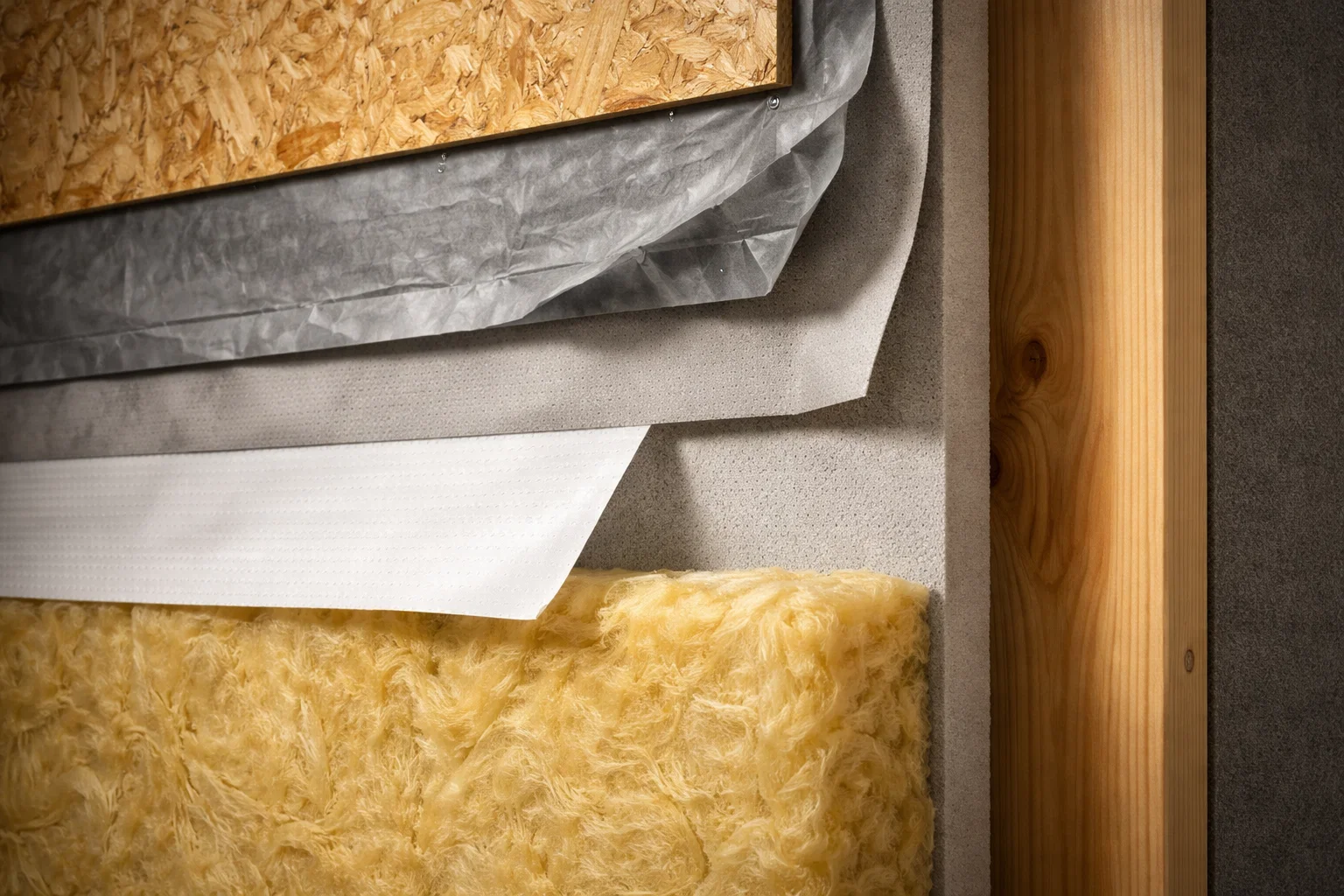 Close-up view of layered wall materials during construction, including sheathing, membranes, and insulation.