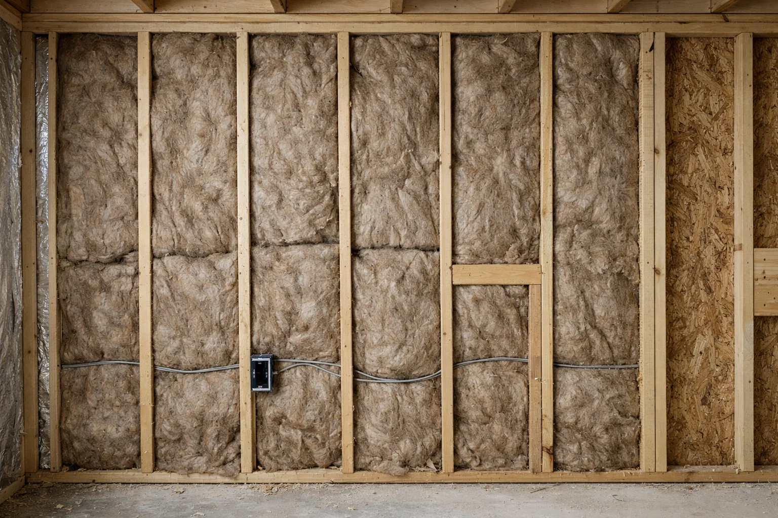 Wall framing under construction with insulation installed between studs before drywall is applied showing one of the energy-efficient invisible home features.