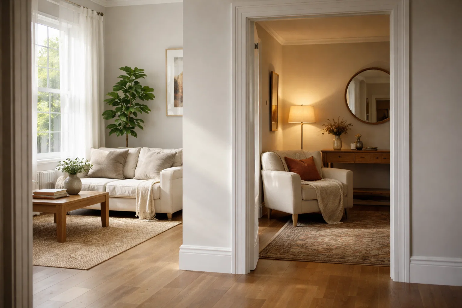 Two connected rooms in a home showing subtle differences in light and temperature near exterior walls and windows.