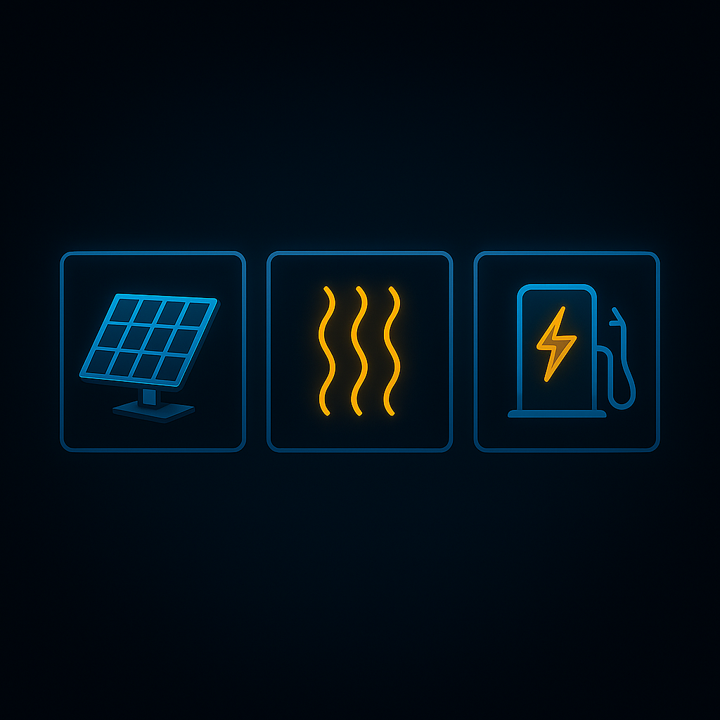 Icons representing solar energy, heat pump heating, and electric vehicle charging features.