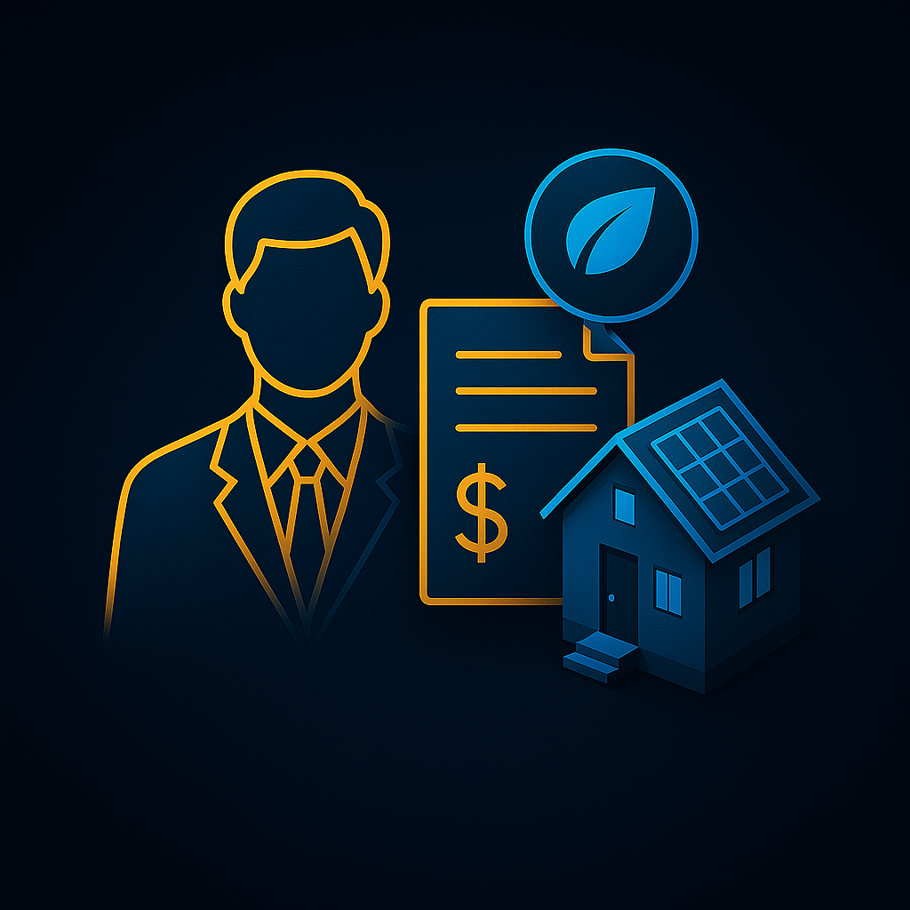 Illustration of a real estate agent reviewing pricing and energy features for a home with solar panels.