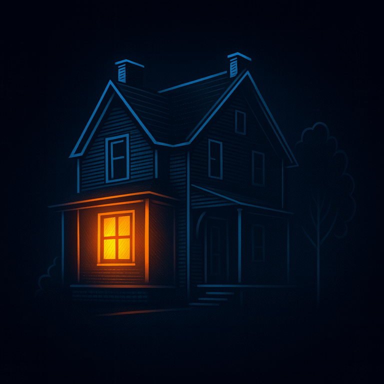 Neon line-art illustration of an older Connecticut-style home with subtle glowing elements indicating an energy upgrade, drawn in CSC’s blue and orange visual style.