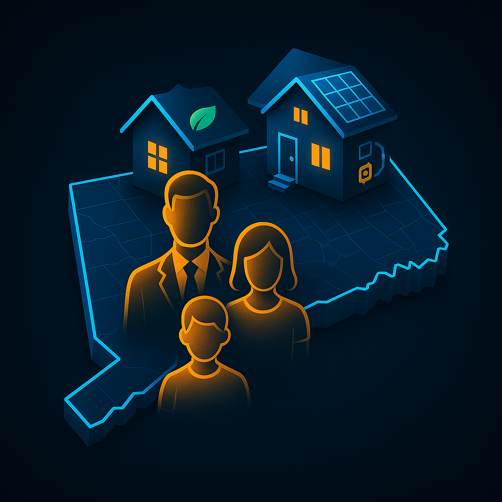 Isometric illustration of Connecticut with three modern homes, representing how working with a CSC-trained Connecticut Sustainability REALTOR help homeowners understand heat pumps, solar, and energy-efficient features during CT home sales.