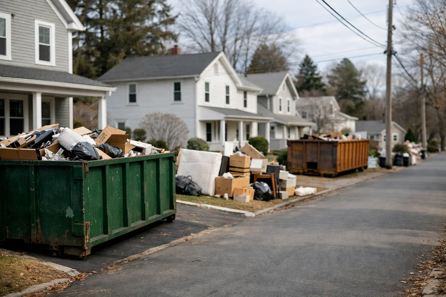 Multiple home clean-outs occurring in a Connecticut neighborhood, illustrating why recycling and reuse matter for the state’s waste system today.