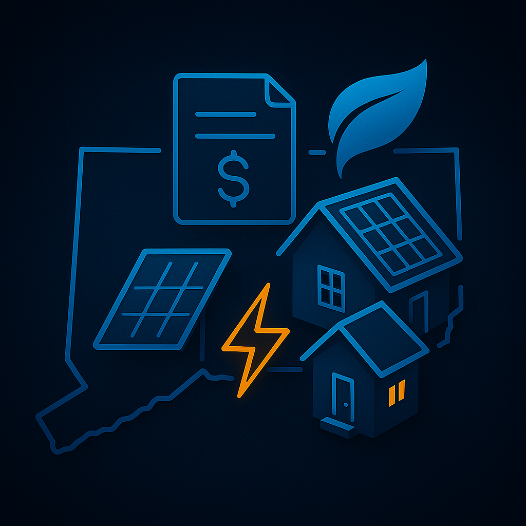 Illustration of Connecticut homes with solar panels, energy icons, and a pricing document.
