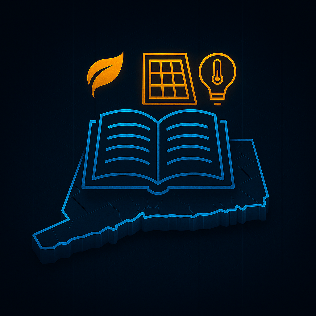 Energy literacy illustration showing an open book on a Connecticut map with solar and efficiency symbols.
