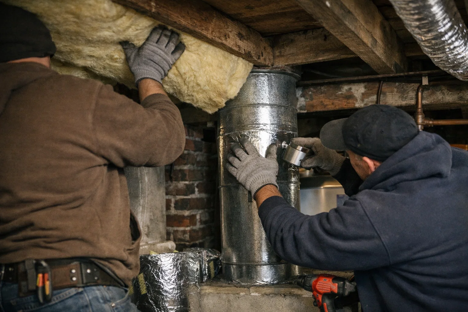 Two workers installing insulation during a home retrofit in an older Connecticut residence, showing hands-on improvements that support healthier living conditions.