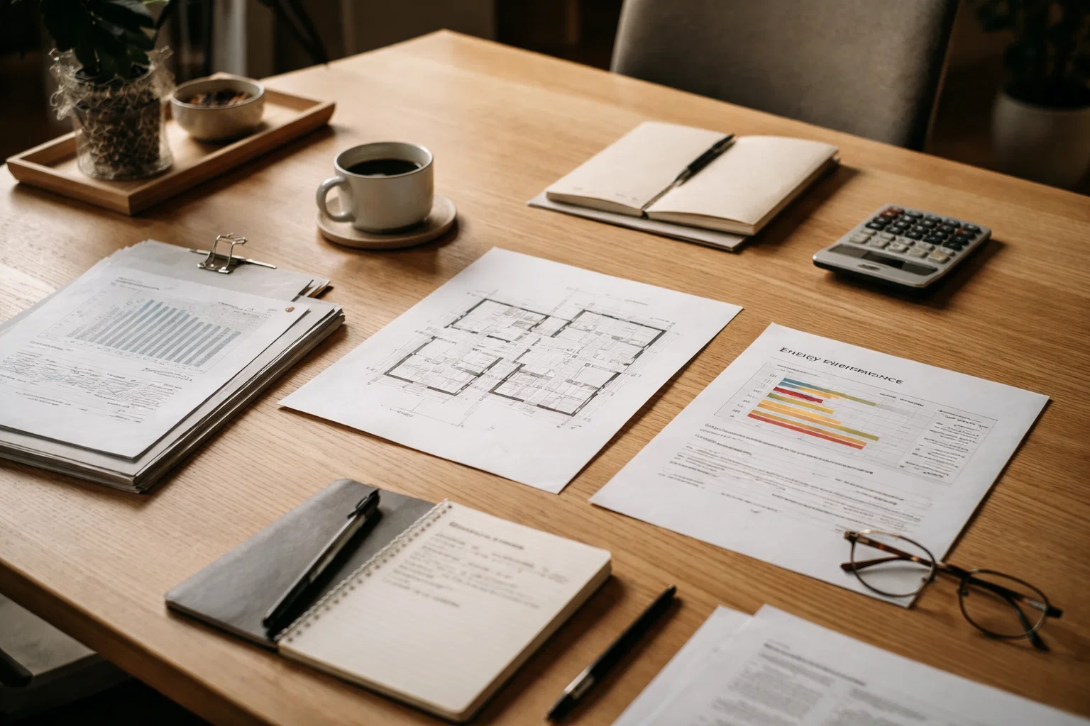Table with printed housing plans, energy performance charts, notes, and a calculator laid out in a quiet workspace, representing professional education and analysis related to sustainable real estate practice.