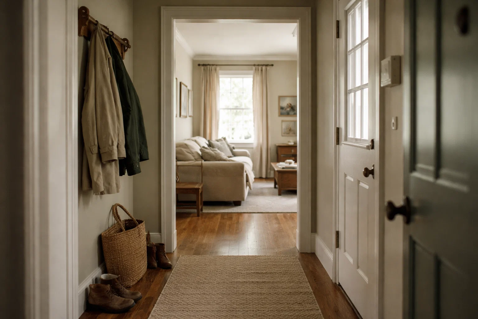 View from inside a home’s front entryway looking toward a living space, illustrating the start of a walkthrough where agents explain home energy systems to buyers during a showing.
