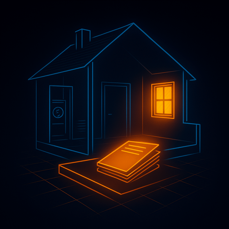 Neon line-art illustration of a home interior cutaway with a glowing window, heat-pump closet outline, and illuminated documentation folder resting on a 3D grid, representing how energy features are recognized during home valuation.