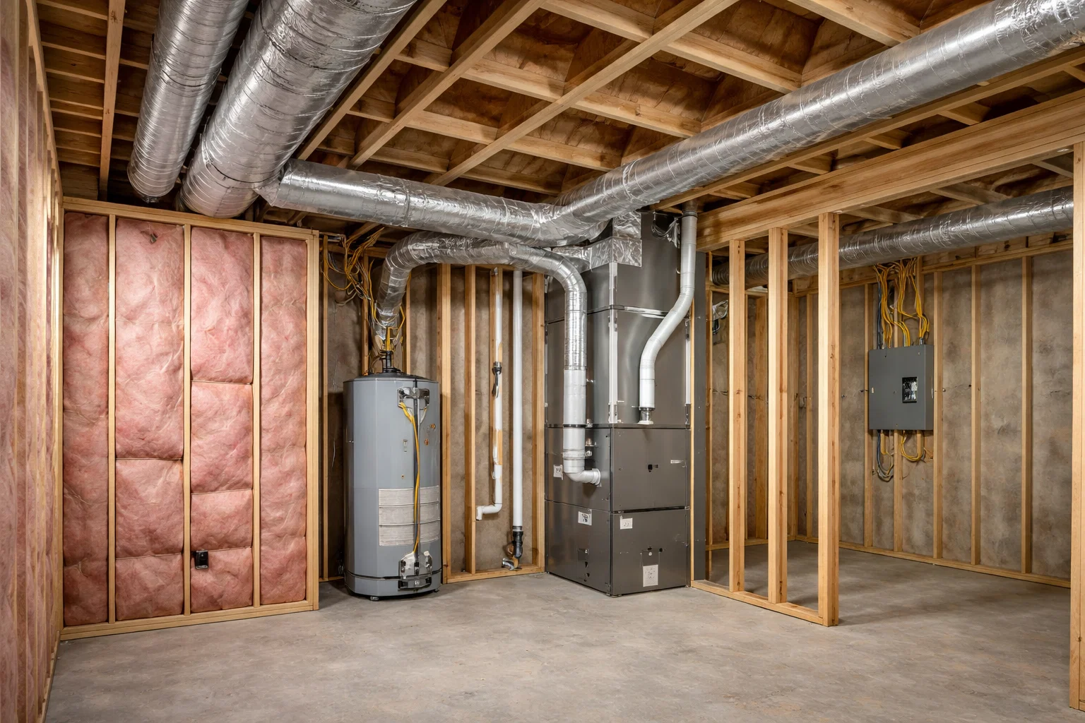 Partially finished basement showing insulation, framing, and mechanical components within the same space.