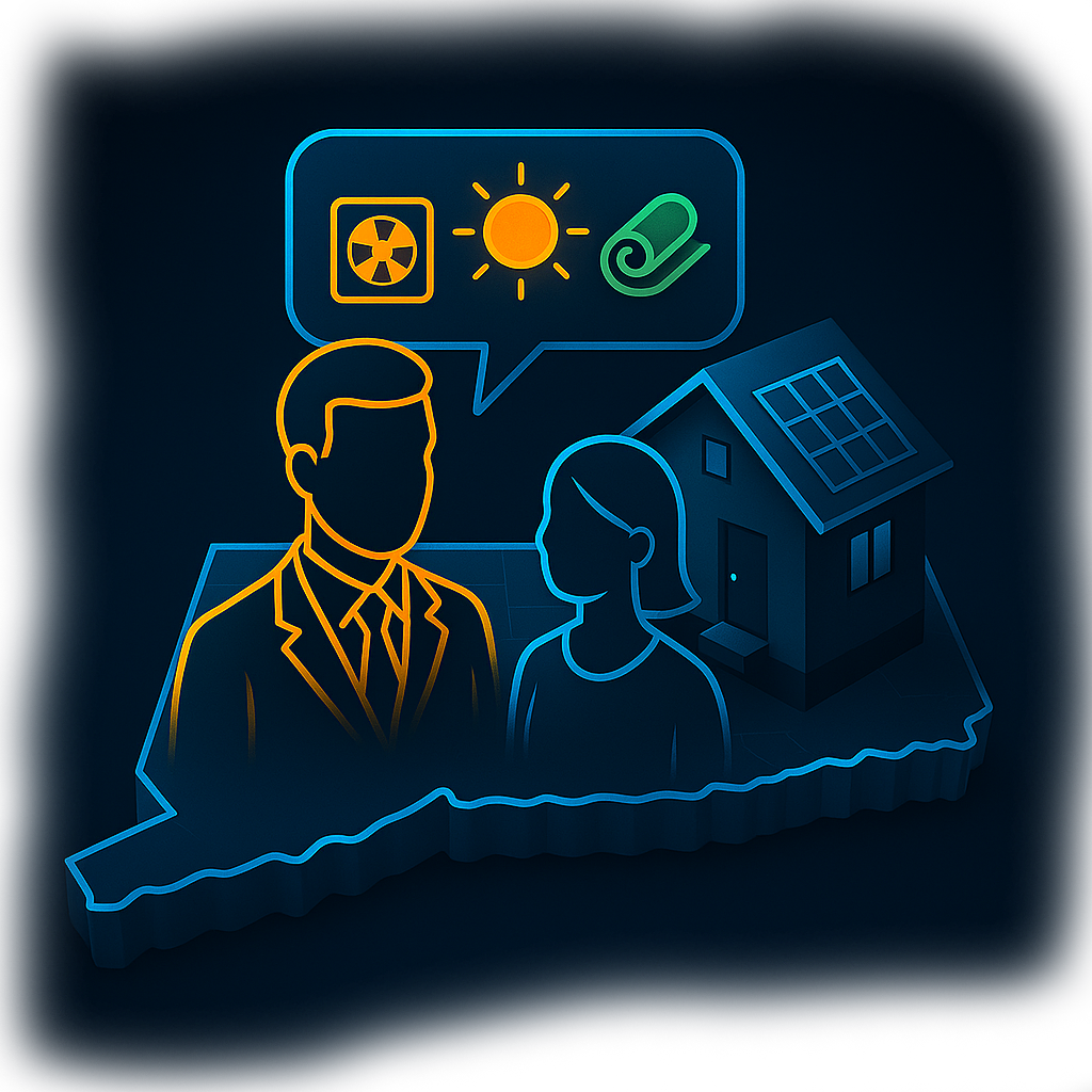 Neon-style vector illustration of a real estate agent standing beside energy-efficient homes on a 3D Connecticut map, representing CSC training and benefits for CT Realtors.