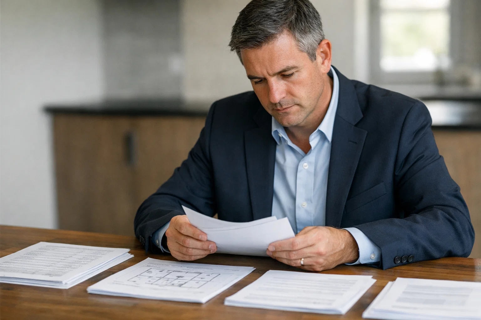 Person reviewing printed documents at a table, focusing on paperwork related to a home evaluation or real estate process.